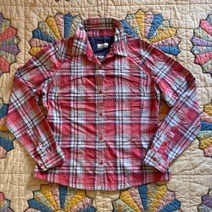 Columbia Women's Top Pink Plaid Roll-Tab Vented Nylon Blend Hiking Shirt Size Lg